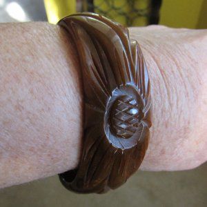 Vintage Carved Brown Multi Color Wide Bakelite Bangle